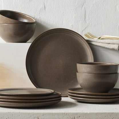 Better Homes and Gardens Banks Brown 12-Piece Stoneware Dinnerware Set, Brown Plates and Bowls, Set for 4