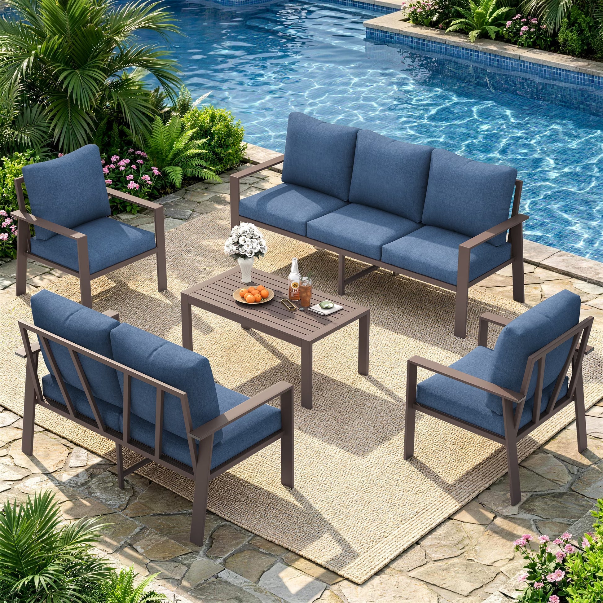 Aluminum Patio Furniture Set, Contemporary Outdoor Couch Set, Aluminum Patio Conversation Set, Blue